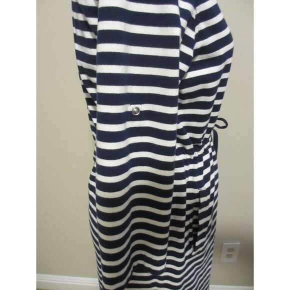 Lands End Navy & White Striped Hooded Drawstring Waist Robe With 3/4 Sleeves - Picture 9 of 10